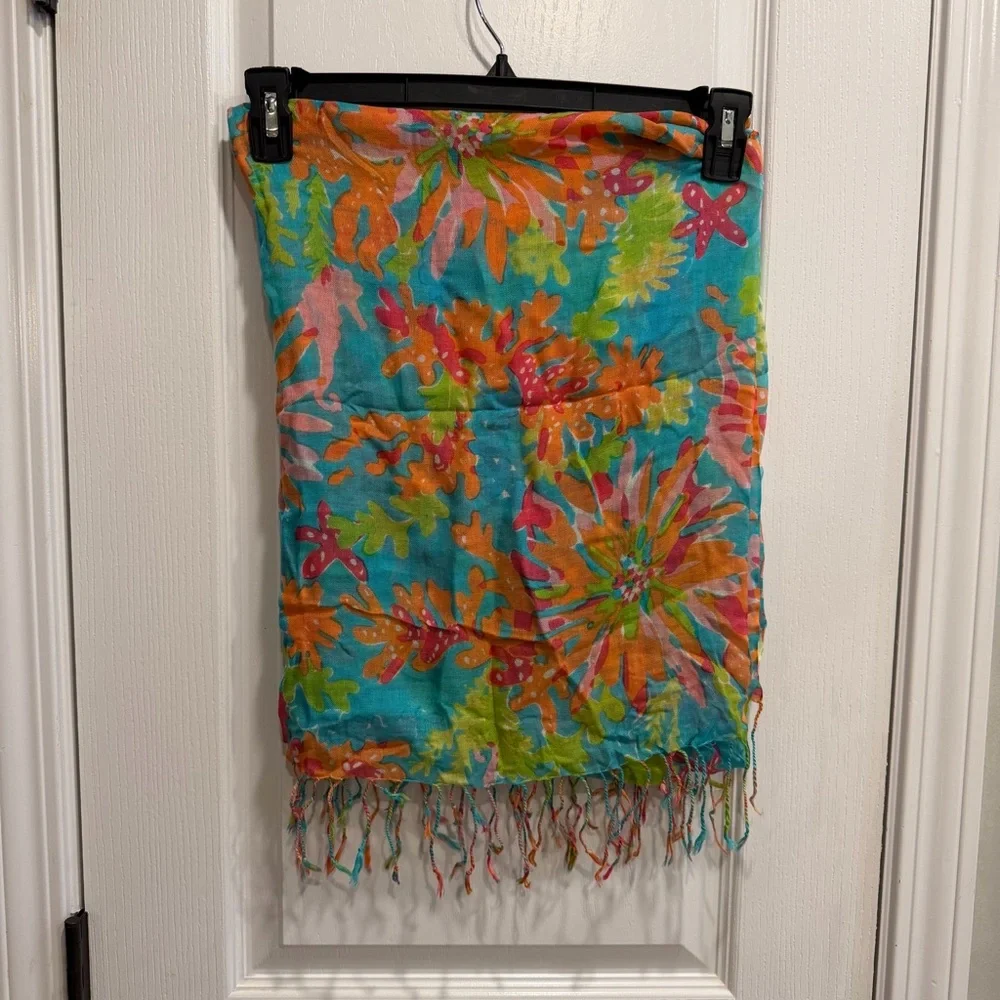 Lilly Pulitzer Murfee Crystal Waters Trippin & Sippin Fringe Scarf Silk Cashmere